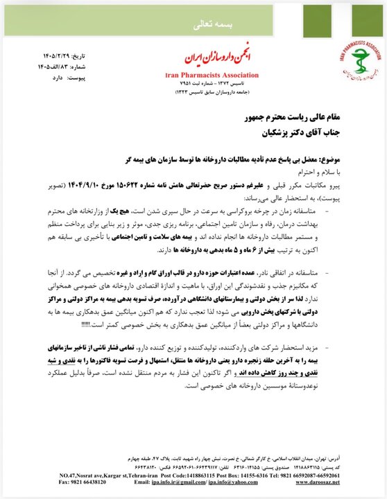 نامه انجمن داروسازان به پزشکیان؛ دو پیشنهاد داروخانه‌ها به رئیس جمهوری